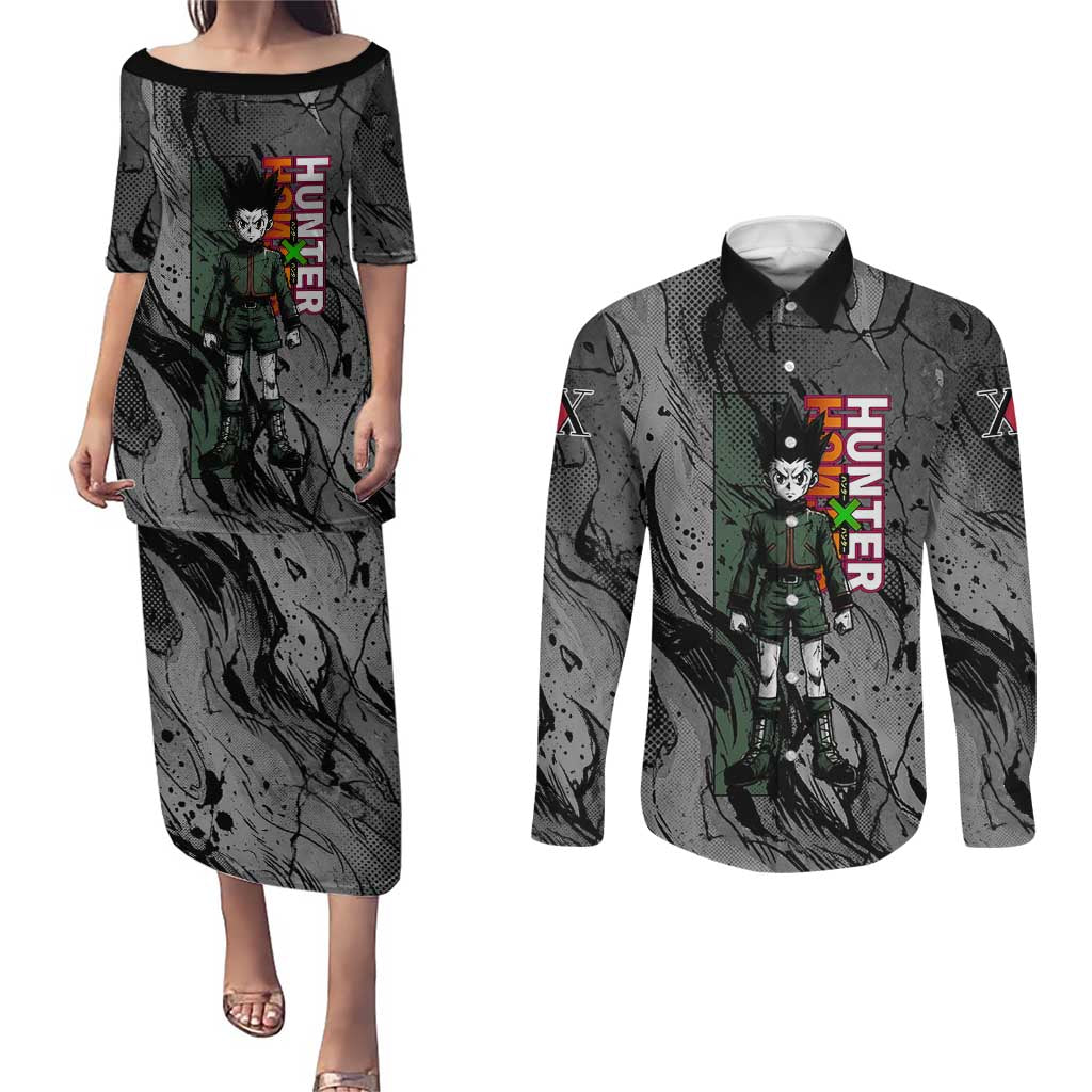 Gon Freecss Hunter x Hunter Dark Grunge Design Couples Matching Puletasi and Long Sleeve Button Shirt with Transformation Artwork and Anime Graphic Elements - The Mazicc