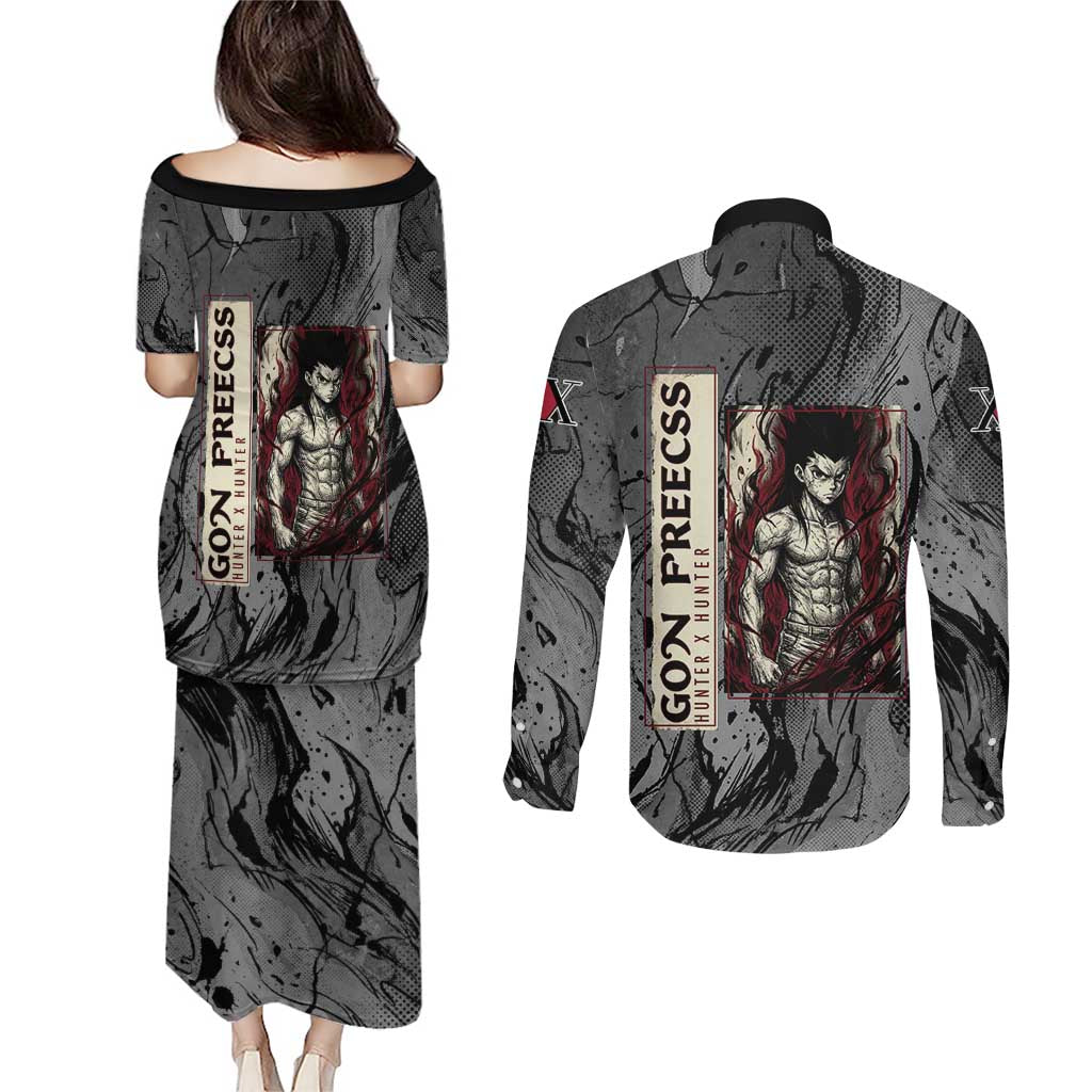Gon Freecss Hunter x Hunter Dark Grunge Design Couples Matching Puletasi and Long Sleeve Button Shirt with Transformation Artwork and Anime Graphic Elements - The Mazicc