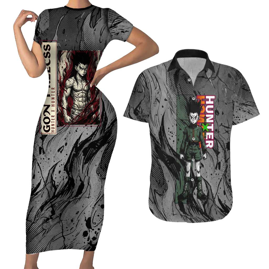 Gon Freecss Hunter x Hunter Dark Grunge Design Couples Matching Short Sleeve Bodycon Dress and Hawaiian Shirt with Transformation Artwork and Anime Graphic Elements - The Mazicc