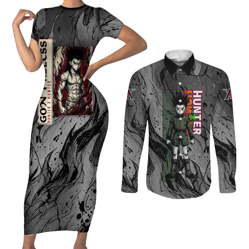 Gon Freecss Hunter x Hunter Dark Grunge Design Couples Matching Short Sleeve Bodycon Dress and Long Sleeve Button Shirt with Transformation Artwork and Anime Graphic Elements - The Mazicc