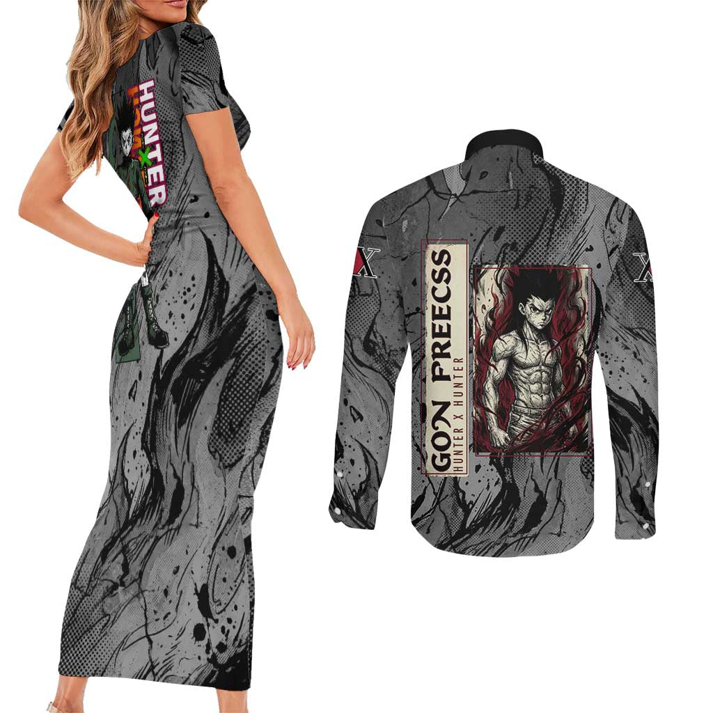 Gon Freecss Hunter x Hunter Dark Grunge Design Couples Matching Short Sleeve Bodycon Dress and Long Sleeve Button Shirt with Transformation Artwork and Anime Graphic Elements - The Mazicc