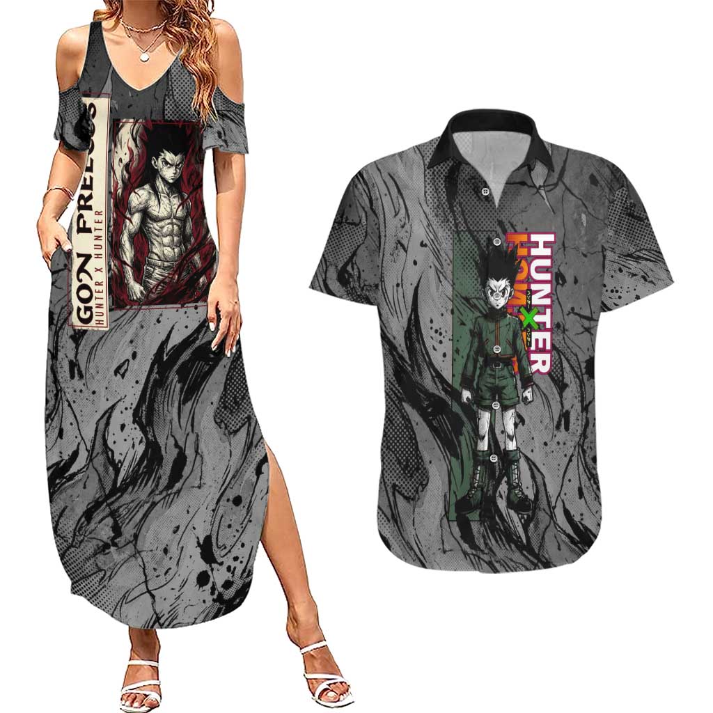 Gon Freecss Hunter x Hunter Dark Grunge Design Couples Matching Summer Maxi Dress and Hawaiian Shirt with Transformation Artwork and Anime Graphic Elements - The Mazicc