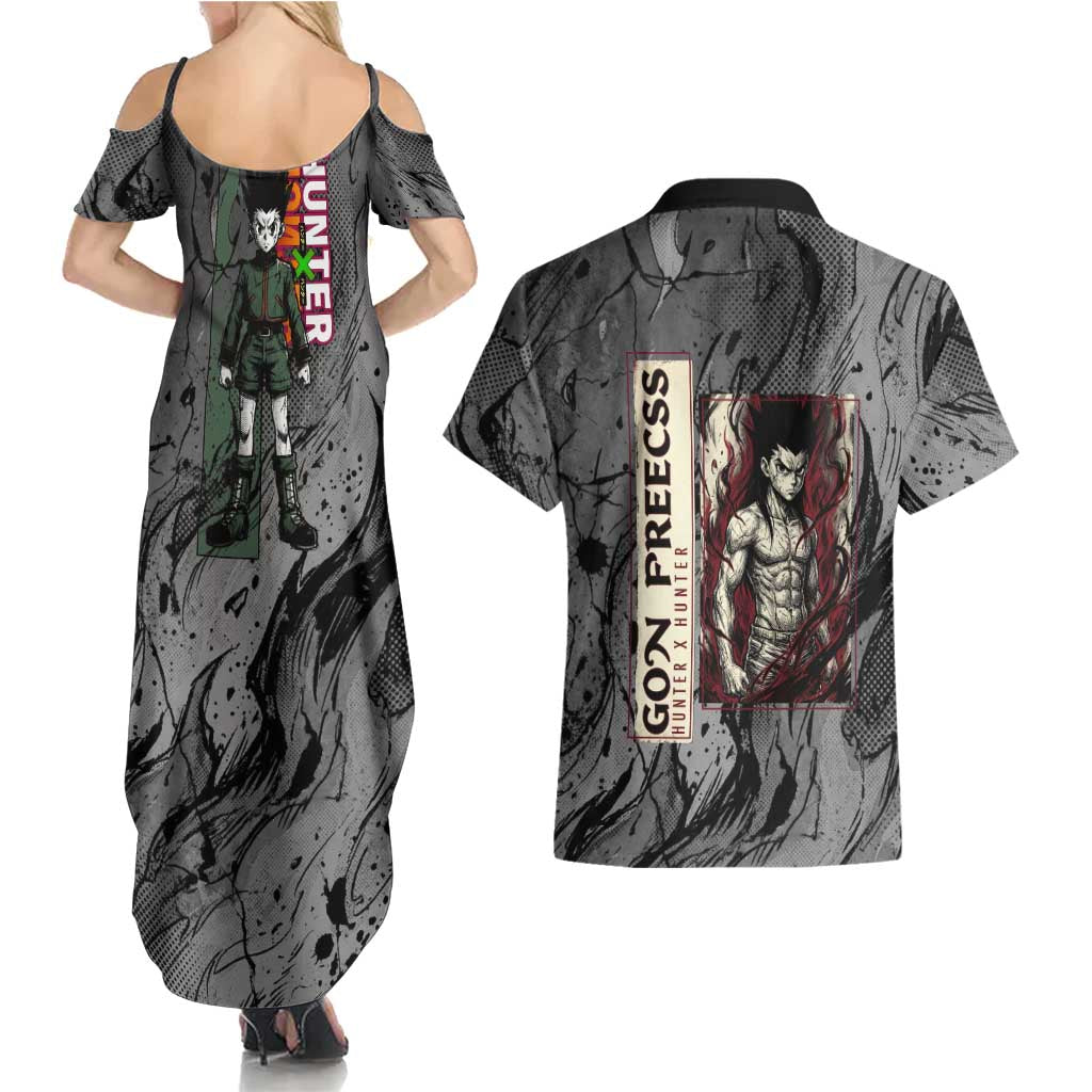 Gon Freecss Hunter x Hunter Dark Grunge Design Couples Matching Summer Maxi Dress and Hawaiian Shirt with Transformation Artwork and Anime Graphic Elements - The Mazicc