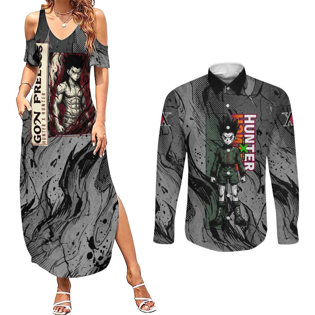 Gon Freecss Hunter x Hunter Dark Grunge Design Couples Matching Summer Maxi Dress and Long Sleeve Button Shirt with Transformation Artwork and Anime Graphic Elements - The Mazicc