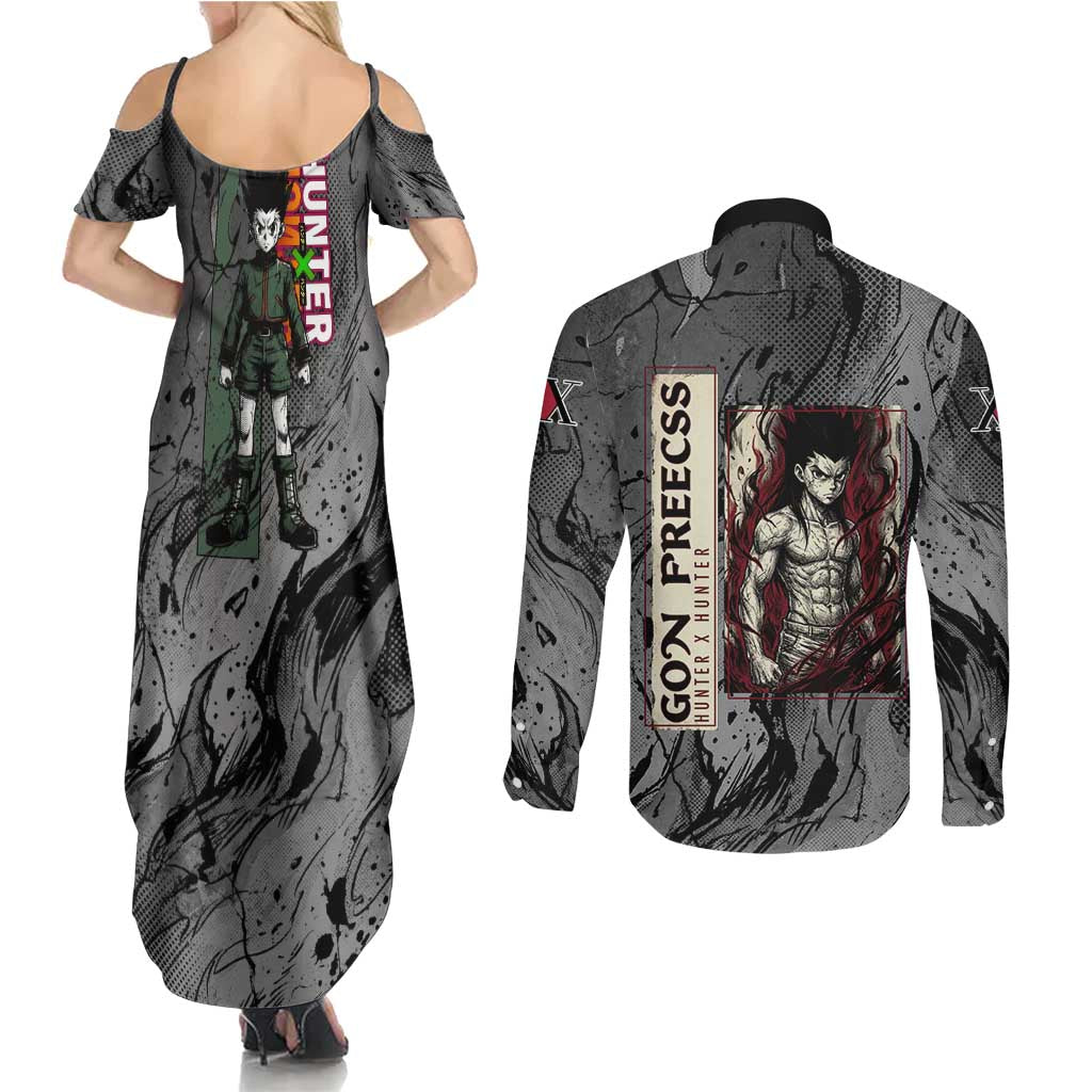 Gon Freecss Hunter x Hunter Dark Grunge Design Couples Matching Summer Maxi Dress and Long Sleeve Button Shirt with Transformation Artwork and Anime Graphic Elements - The Mazicc