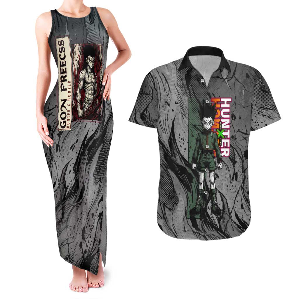 Gon Freecss Hunter x Hunter Dark Grunge Design Couples Matching Tank Maxi Dress and Hawaiian Shirt with Transformation Artwork and Anime Graphic Elements - The Mazicc