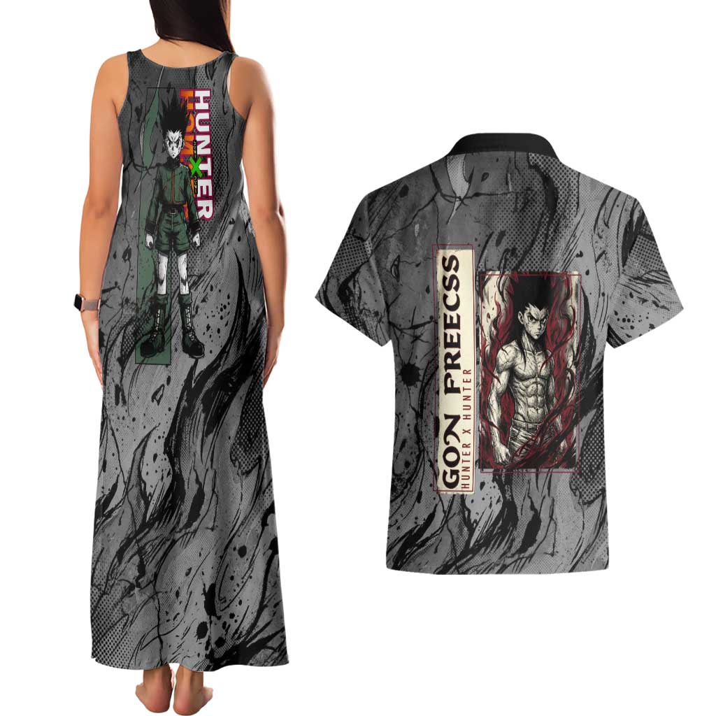 Gon Freecss Hunter x Hunter Dark Grunge Design Couples Matching Tank Maxi Dress and Hawaiian Shirt with Transformation Artwork and Anime Graphic Elements - The Mazicc