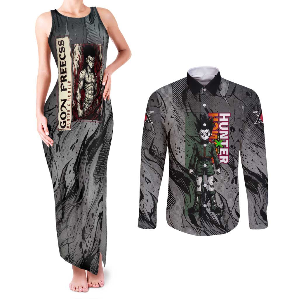 Gon Freecss Hunter x Hunter Dark Grunge Design Couples Matching Tank Maxi Dress and Long Sleeve Button Shirt with Transformation Artwork and Anime Graphic Elements - The Mazicc