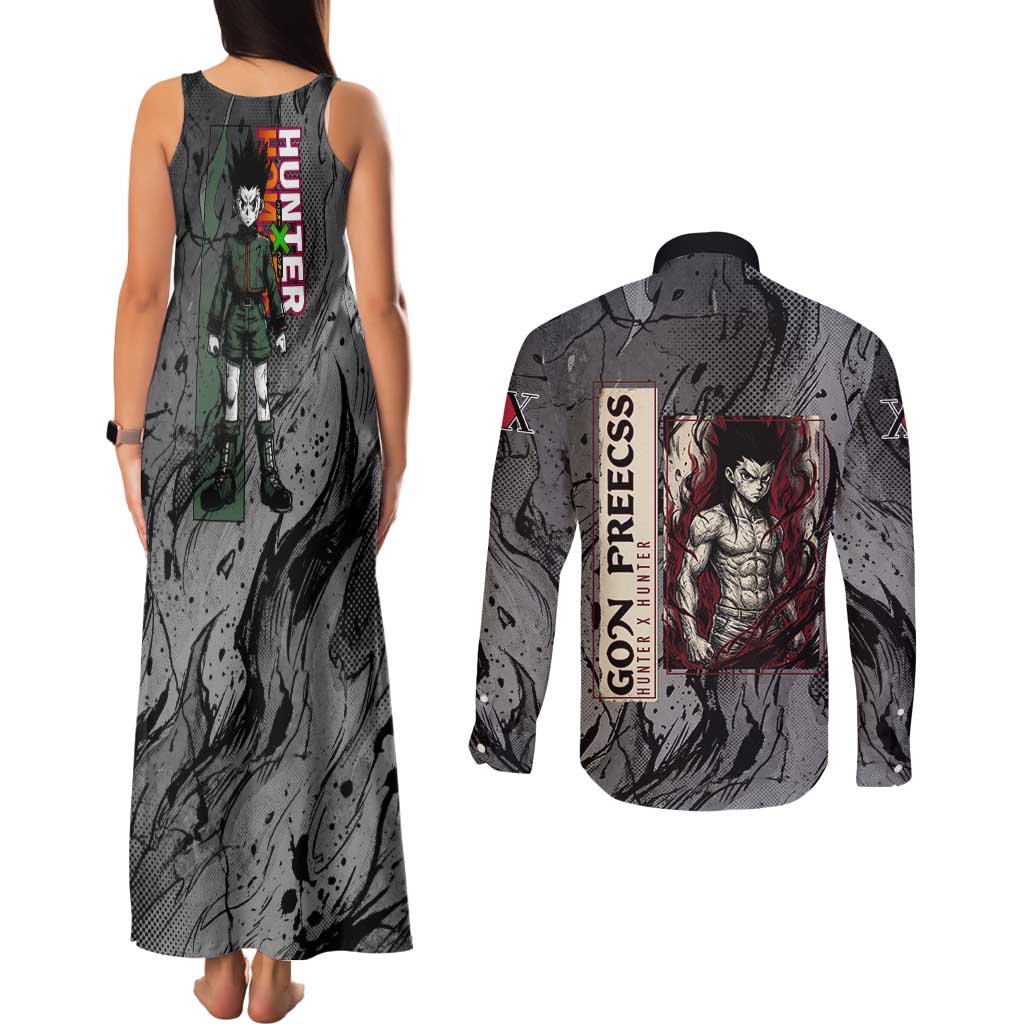 Gon Freecss Hunter x Hunter Dark Grunge Design Couples Matching Tank Maxi Dress and Long Sleeve Button Shirt with Transformation Artwork and Anime Graphic Elements - The Mazicc