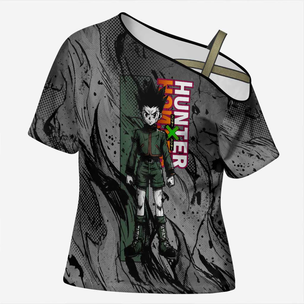 Gon Freecss Hunter x Hunter Dark Grunge Design Cross Shoulder Shirt with Transformation Artwork and Anime Graphic Elements - The Mazicc