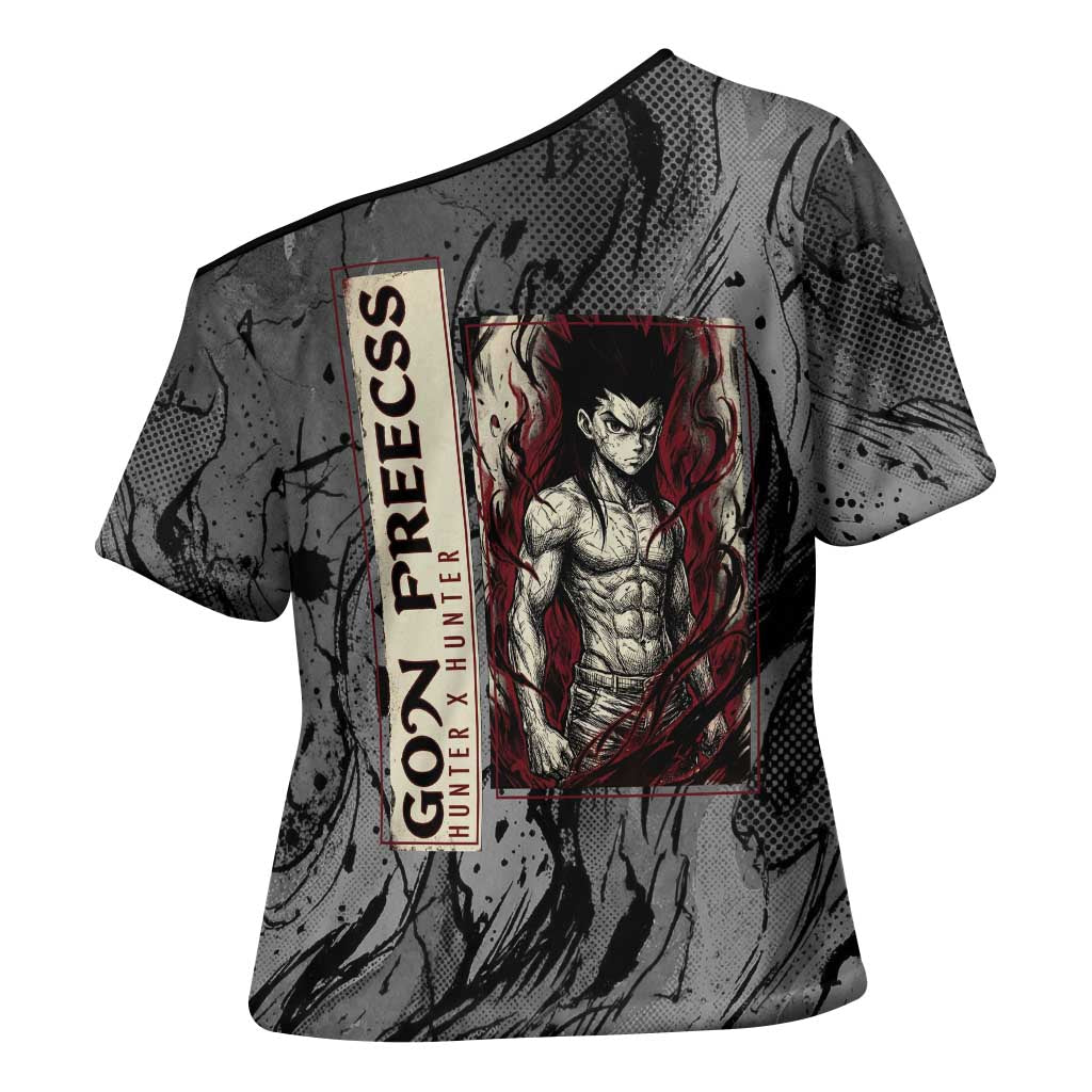 Gon Freecss Hunter x Hunter Dark Grunge Design Cross Shoulder Shirt with Transformation Artwork and Anime Graphic Elements - The Mazicc