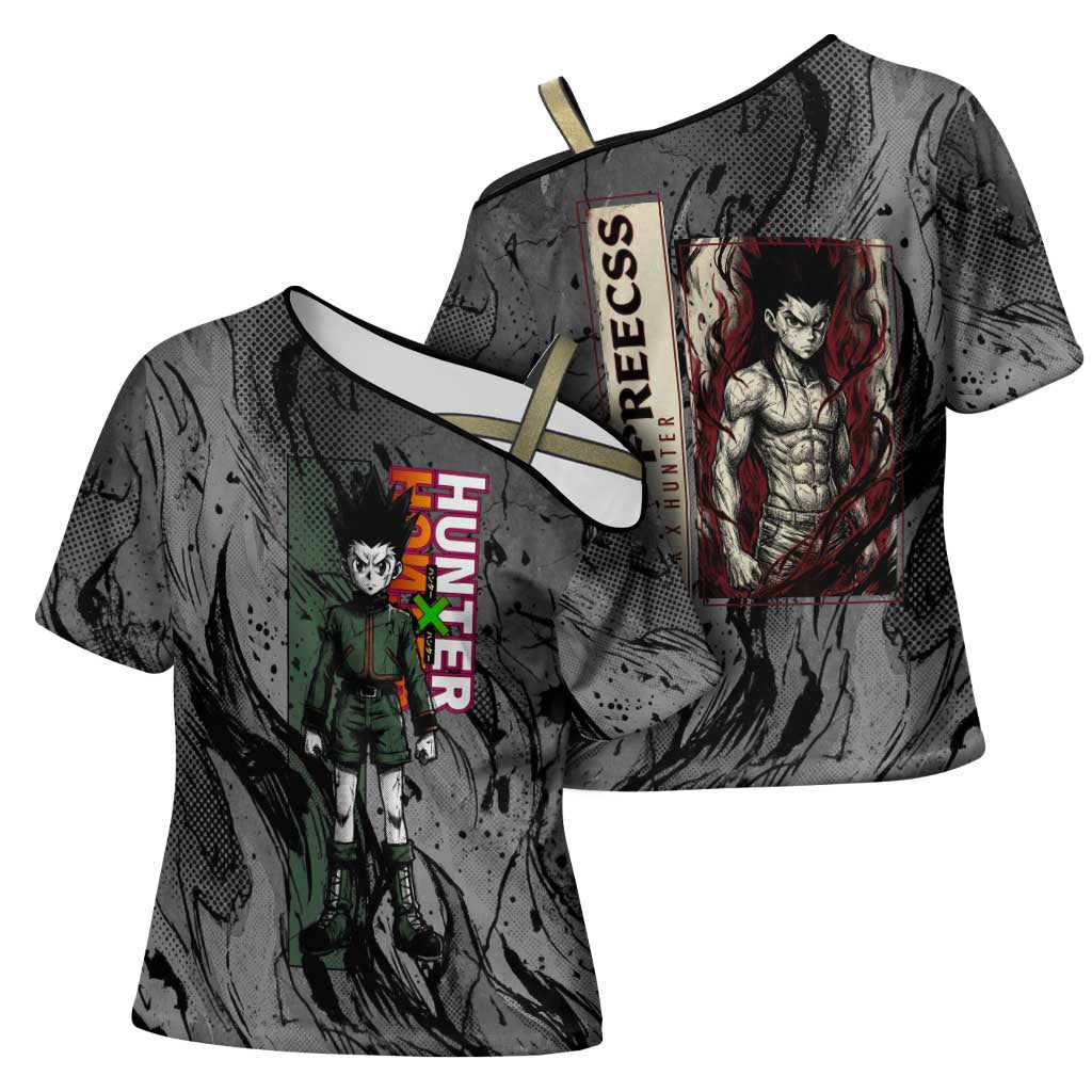 Gon Freecss Hunter x Hunter Dark Grunge Design Cross Shoulder Shirt with Transformation Artwork and Anime Graphic Elements - The Mazicc