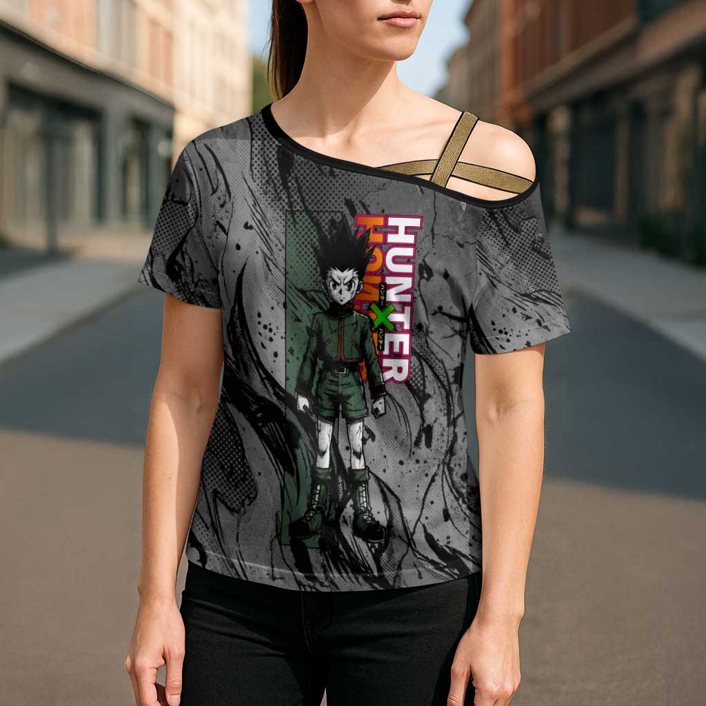 Gon Freecss Hunter x Hunter Dark Grunge Design Cross Shoulder Shirt with Transformation Artwork and Anime Graphic Elements - The Mazicc