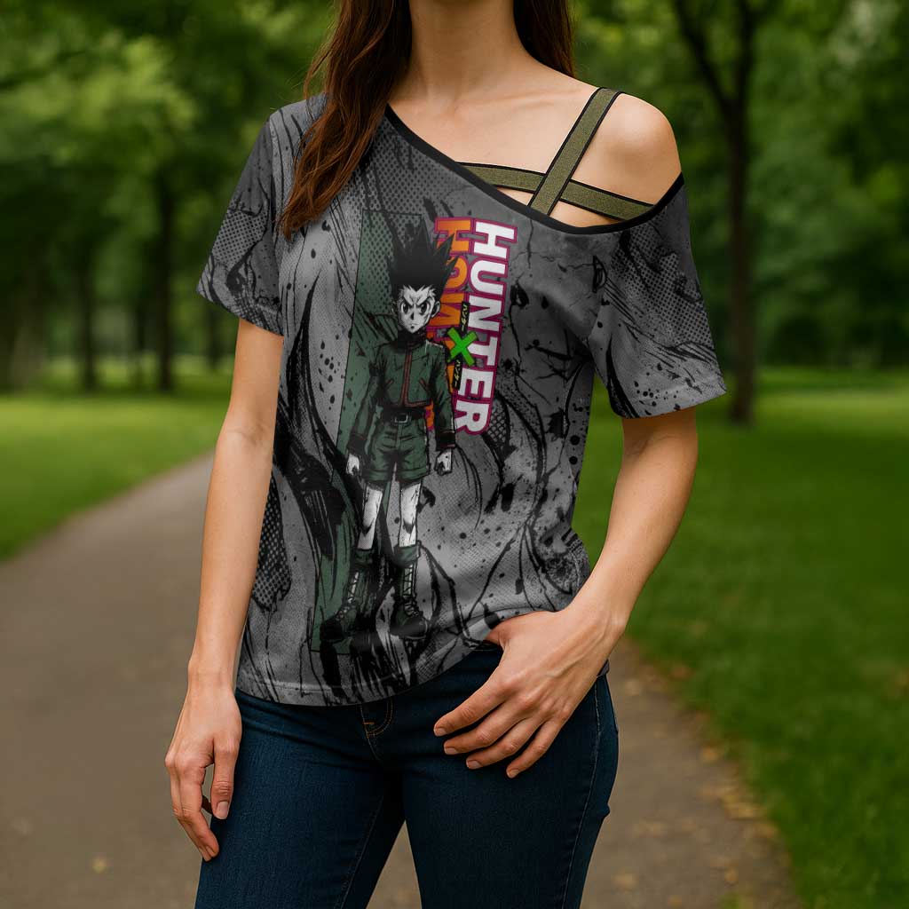 Gon Freecss Hunter x Hunter Dark Grunge Design Cross Shoulder Shirt with Transformation Artwork and Anime Graphic Elements - The Mazicc