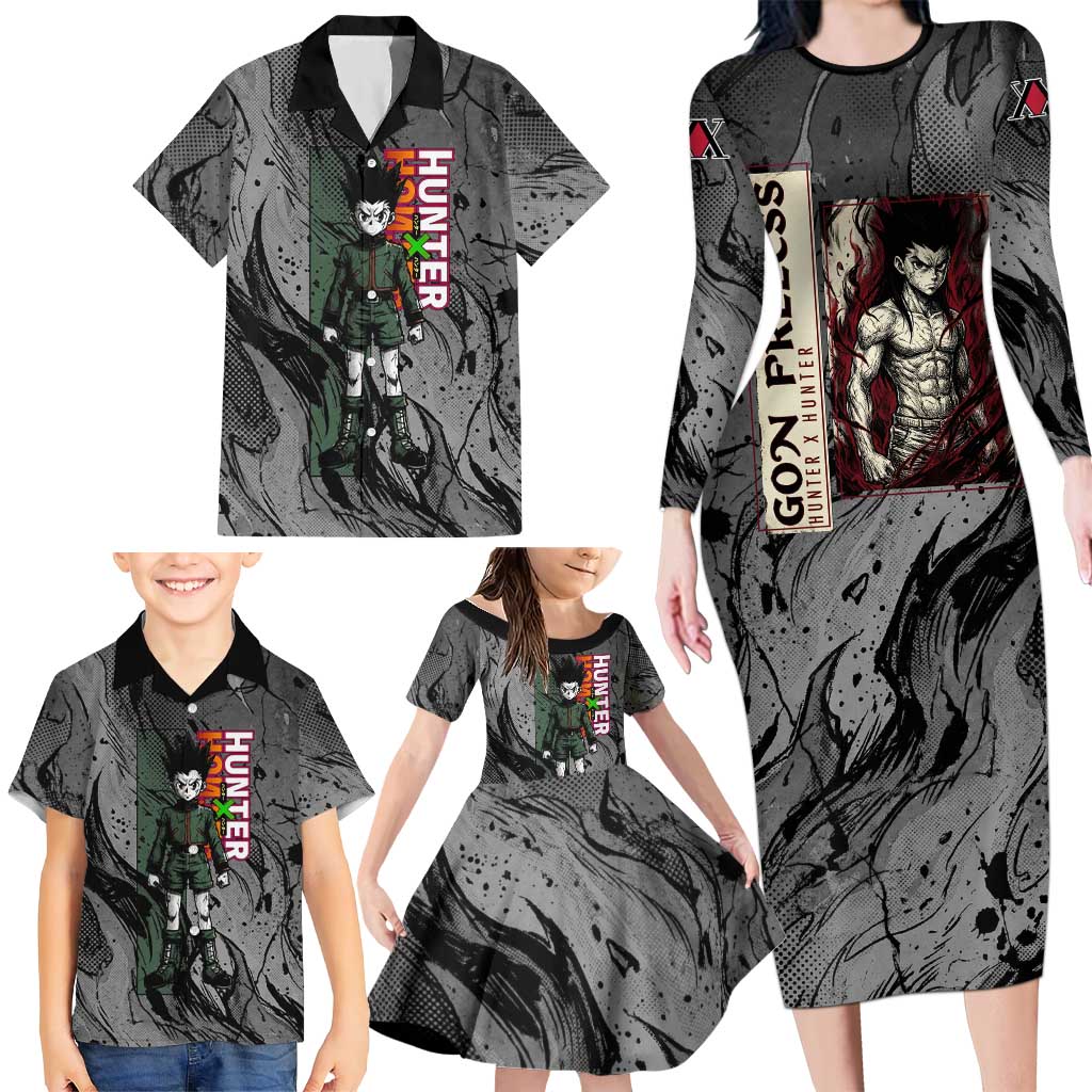 Gon Freecss Hunter x Hunter Dark Grunge Design Family Matching Long Sleeve Bodycon Dress and Hawaiian Shirt with Transformation Artwork and Anime Graphic Elements