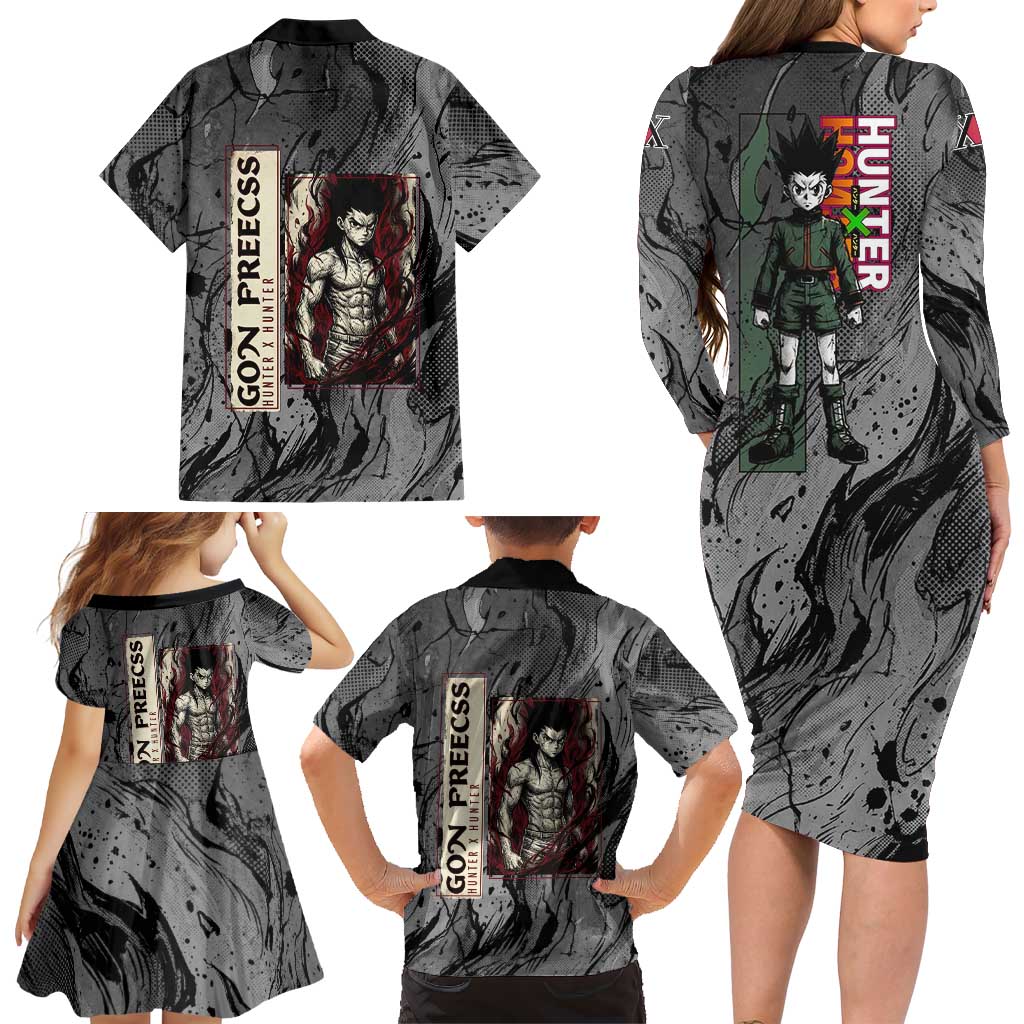 Gon Freecss Hunter x Hunter Dark Grunge Design Family Matching Long Sleeve Bodycon Dress and Hawaiian Shirt with Transformation Artwork and Anime Graphic Elements