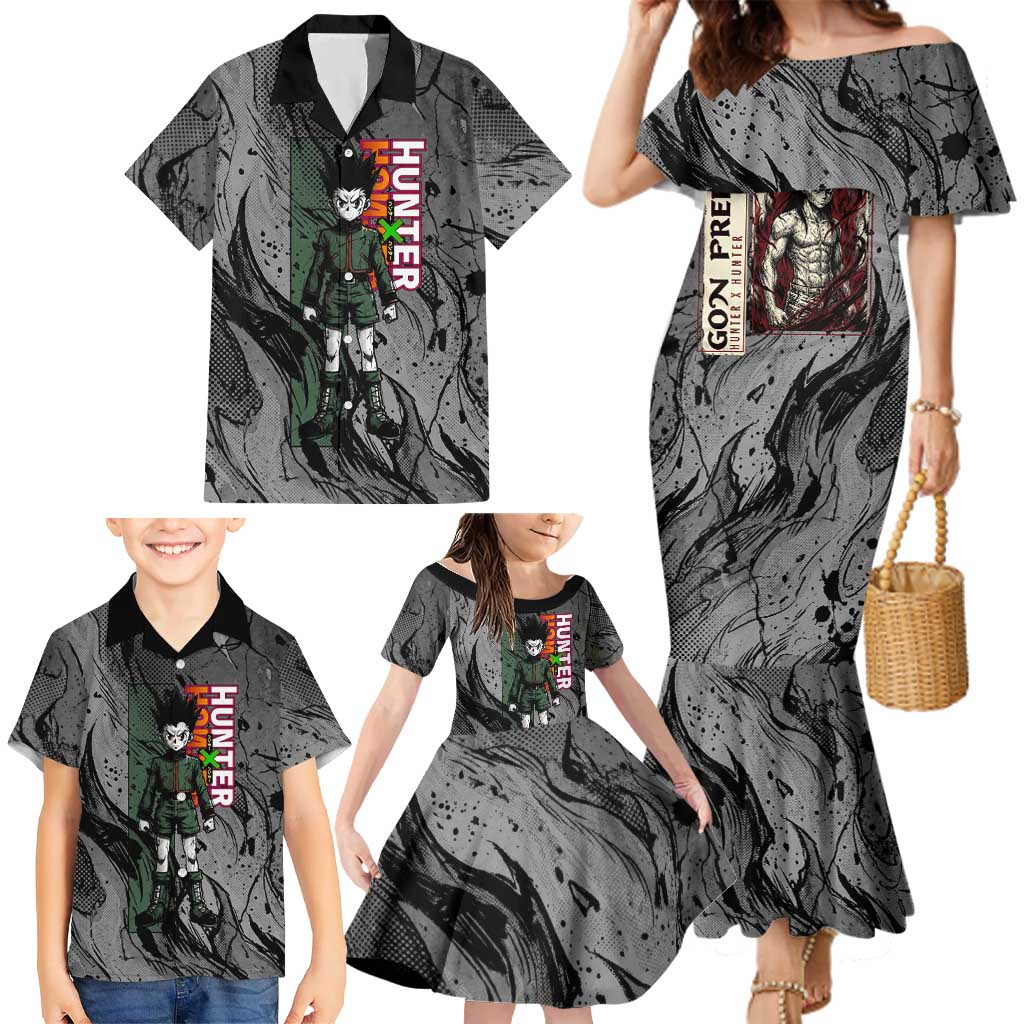Gon Freecss Hunter x Hunter Dark Grunge Design Family Matching Mermaid Dress and Hawaiian Shirt with Transformation Artwork and Anime Graphic Elements