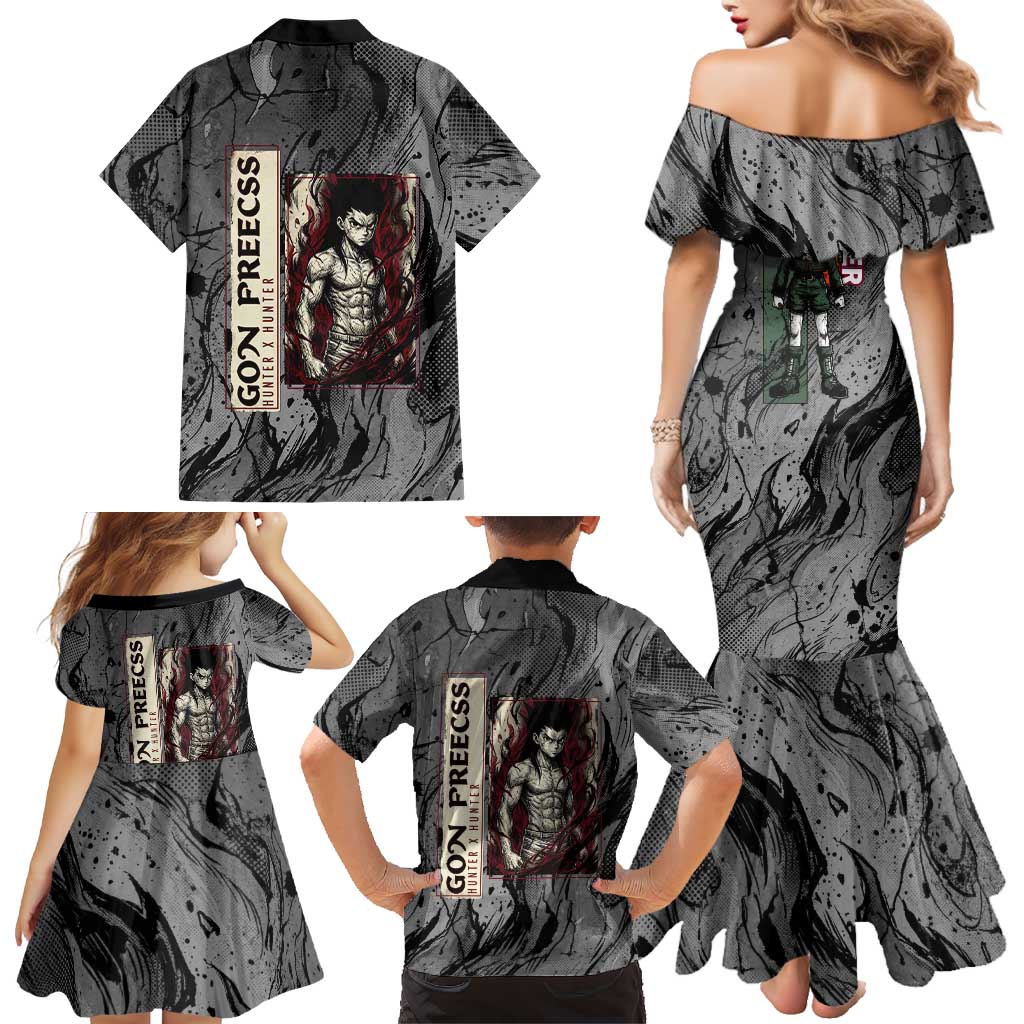 Gon Freecss Hunter x Hunter Dark Grunge Design Family Matching Mermaid Dress and Hawaiian Shirt with Transformation Artwork and Anime Graphic Elements