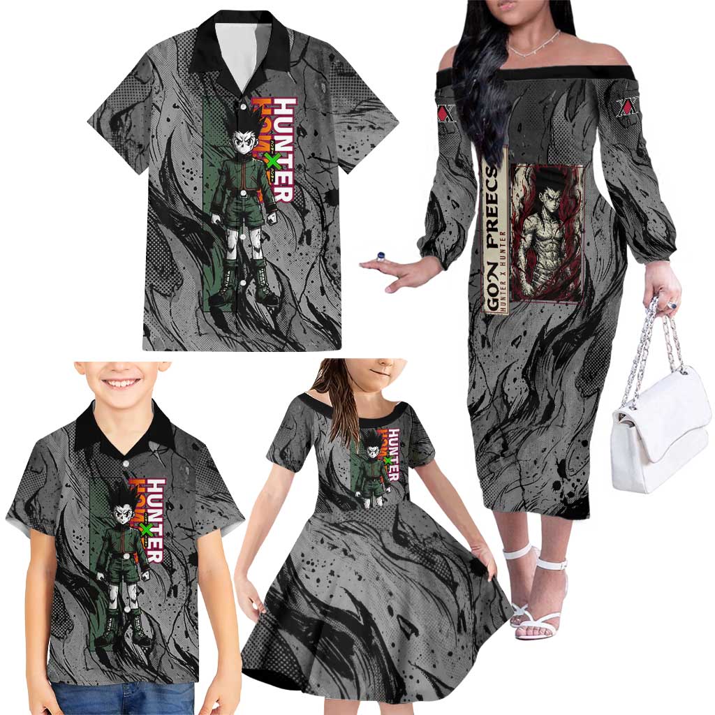 Gon Freecss Hunter x Hunter Dark Grunge Design Family Matching Off The Shoulder Long Sleeve Dress and Hawaiian Shirt with Transformation Artwork and Anime Graphic Elements
