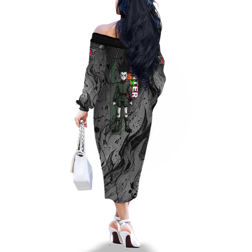 Gon Freecss Hunter x Hunter Dark Grunge Design Family Matching Off The Shoulder Long Sleeve Dress and Hawaiian Shirt with Transformation Artwork and Anime Graphic Elements
