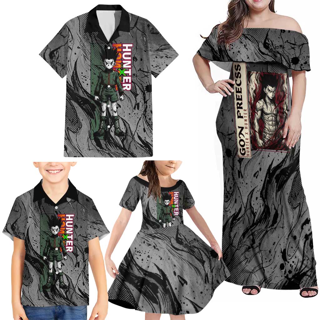 Gon Freecss Hunter x Hunter Dark Grunge Design Family Matching Off Shoulder Maxi Dress and Hawaiian Shirt with Transformation Artwork and Anime Graphic Elements
