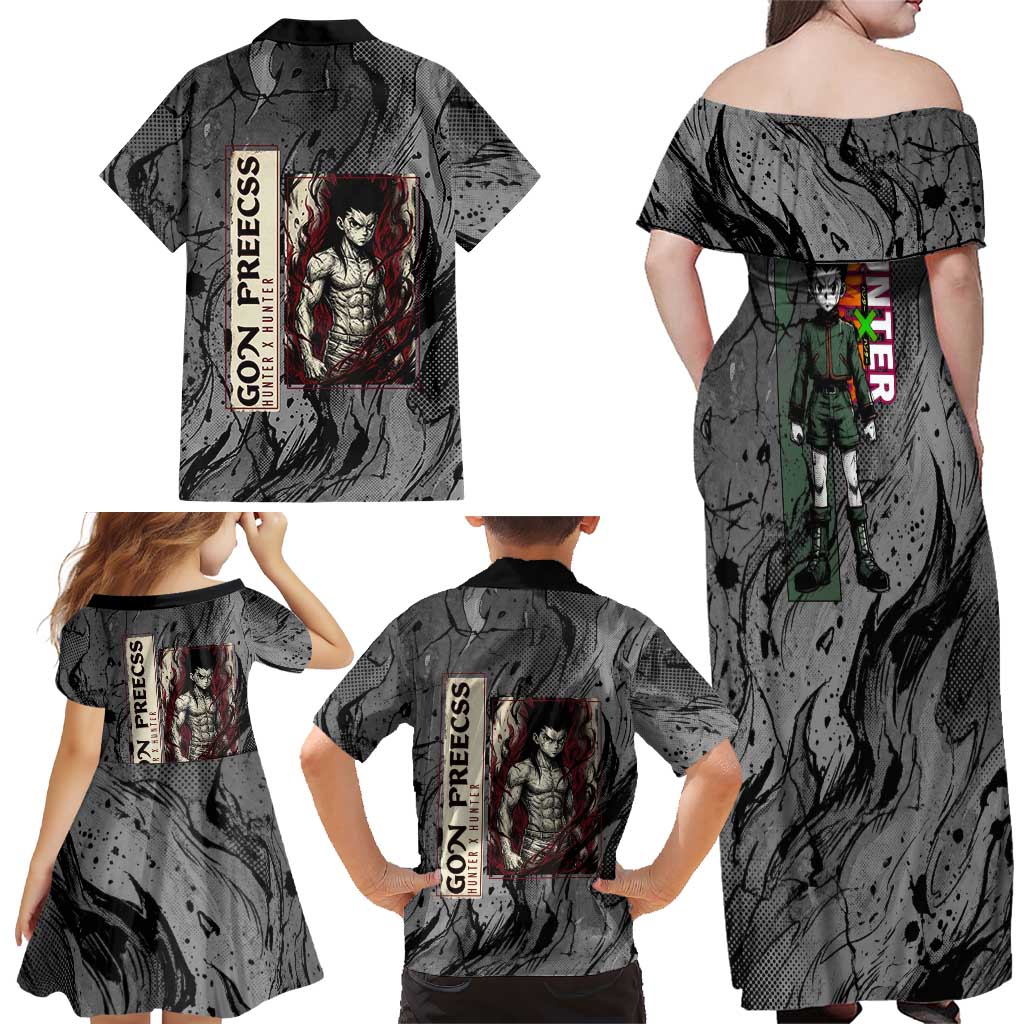 Gon Freecss Hunter x Hunter Dark Grunge Design Family Matching Off Shoulder Maxi Dress and Hawaiian Shirt with Transformation Artwork and Anime Graphic Elements