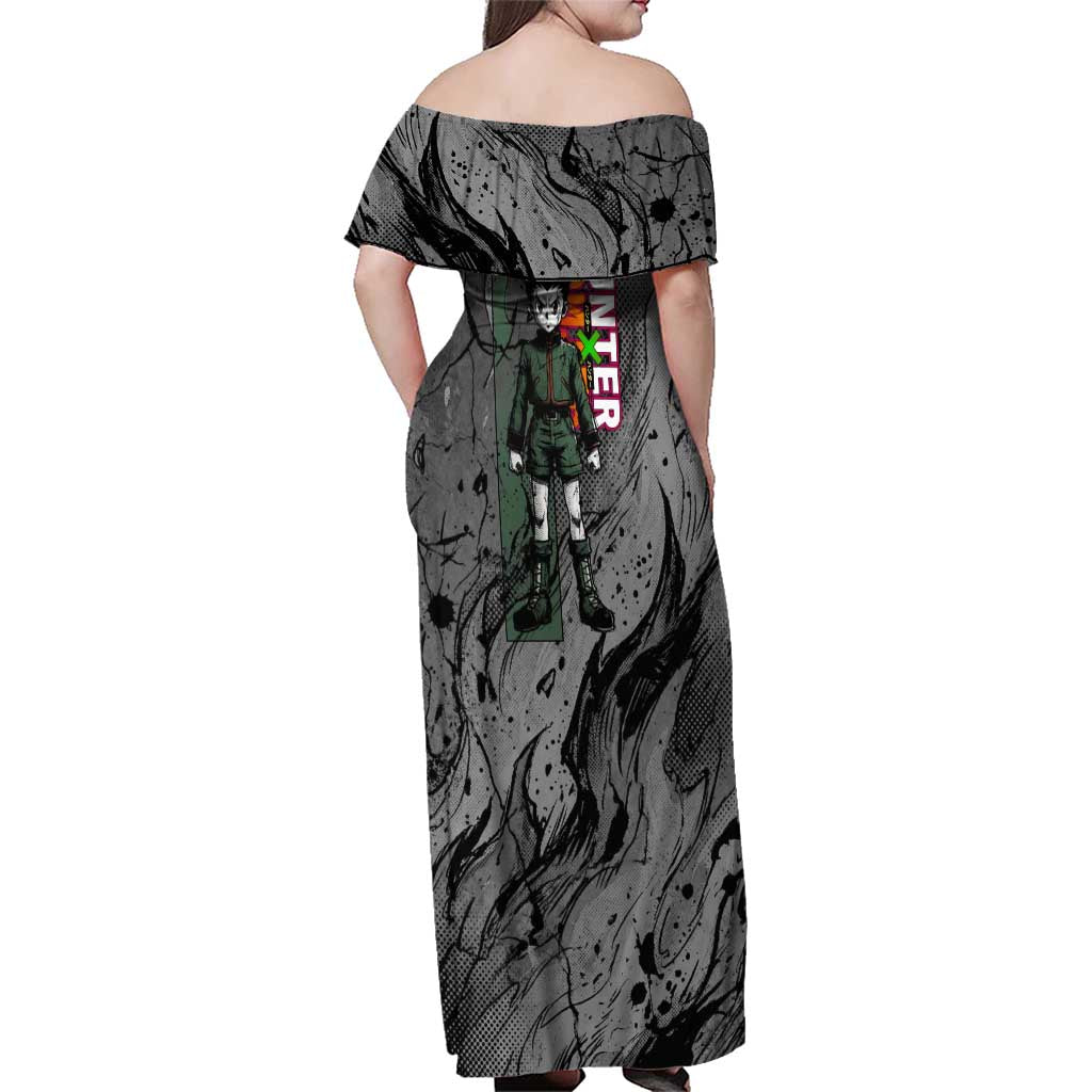 Gon Freecss Hunter x Hunter Dark Grunge Design Family Matching Off Shoulder Maxi Dress and Hawaiian Shirt with Transformation Artwork and Anime Graphic Elements