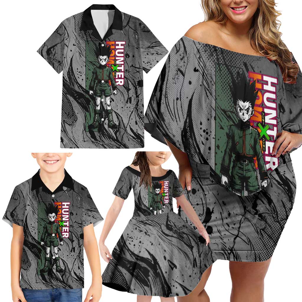 Gon Freecss Hunter x Hunter Dark Grunge Design Family Matching Off Shoulder Short Dress and Hawaiian Shirt with Transformation Artwork and Anime Graphic Elements