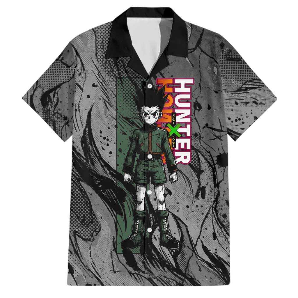 Gon Freecss Hunter x Hunter Dark Grunge Design Family Matching Off Shoulder Short Dress and Hawaiian Shirt with Transformation Artwork and Anime Graphic Elements