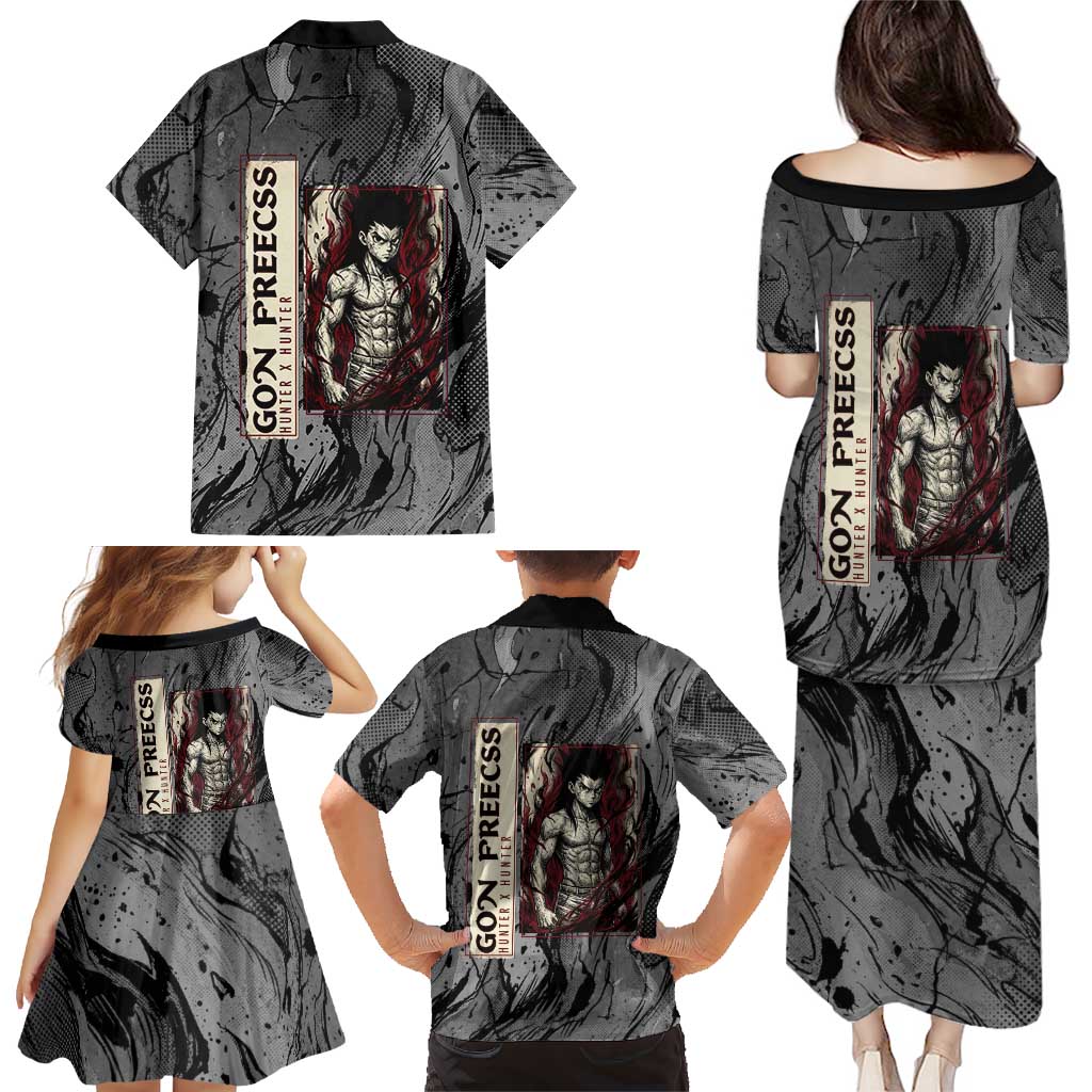 Gon Freecss Hunter x Hunter Dark Grunge Design Family Matching Puletasi and Hawaiian Shirt with Transformation Artwork and Anime Graphic Elements