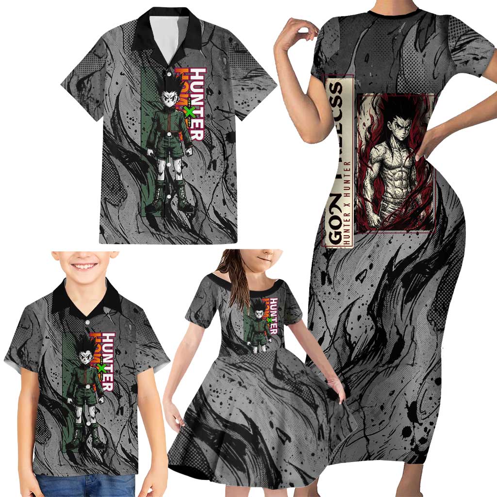 Gon Freecss Hunter x Hunter Dark Grunge Design Family Matching Short Sleeve Bodycon Dress and Hawaiian Shirt with Transformation Artwork and Anime Graphic Elements