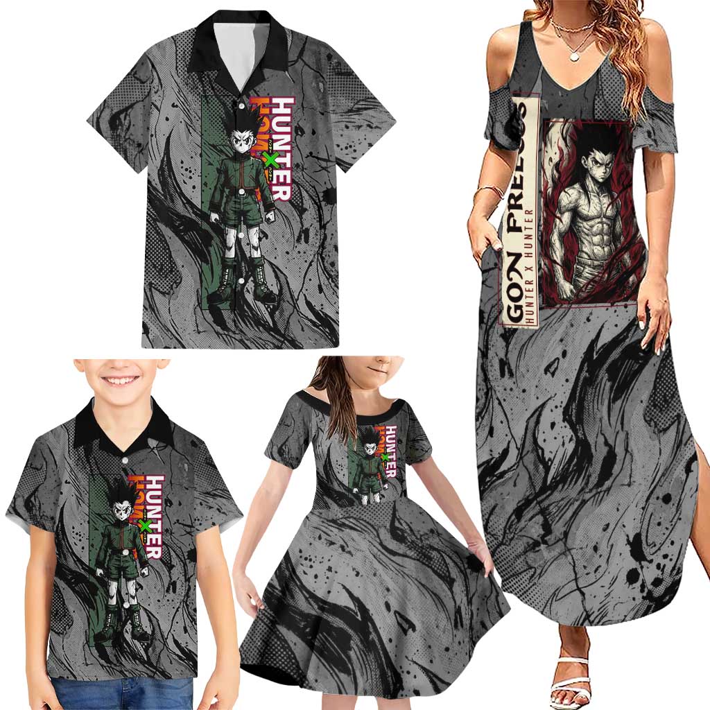 Gon Freecss Hunter x Hunter Dark Grunge Design Family Matching Summer Maxi Dress and Hawaiian Shirt with Transformation Artwork and Anime Graphic Elements