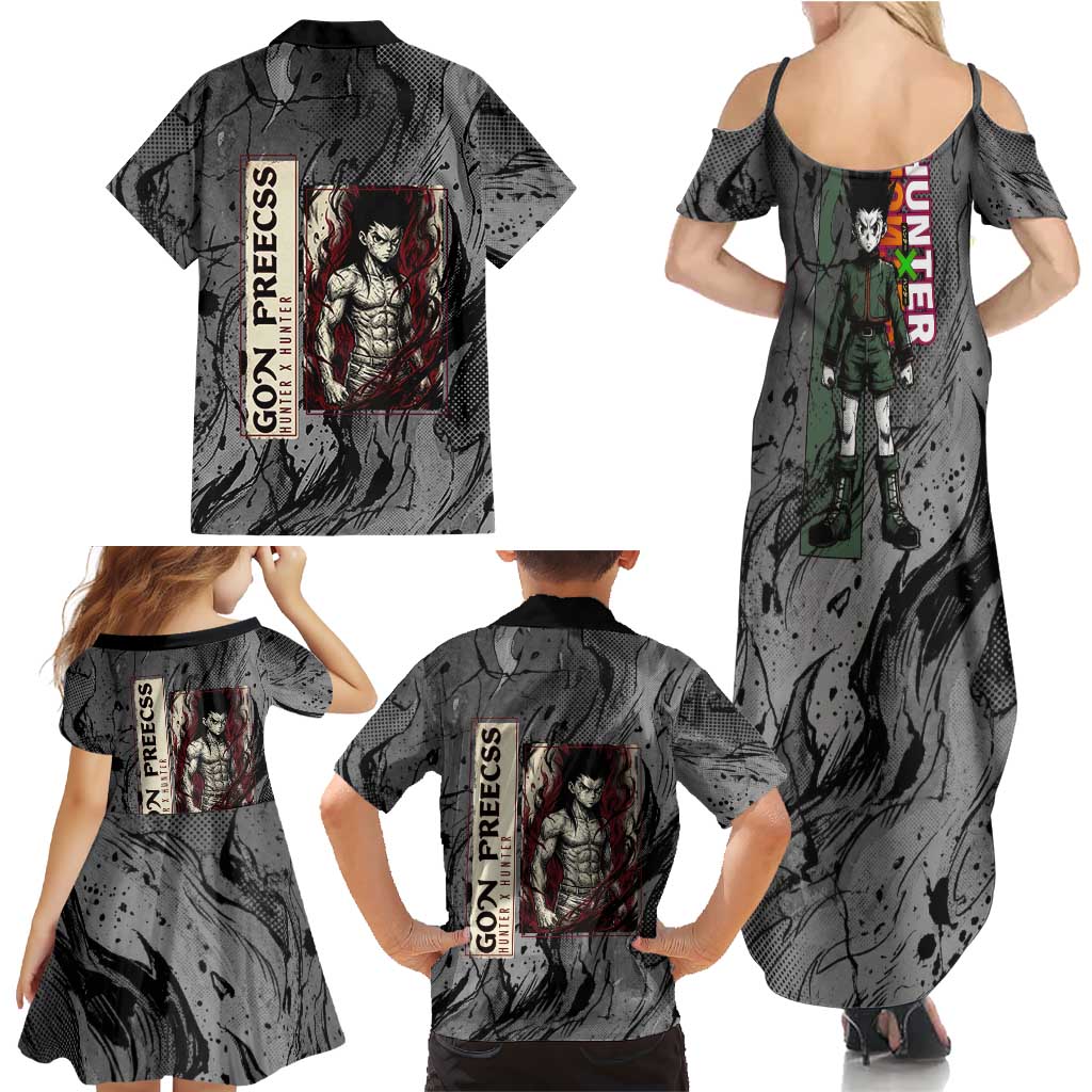 Gon Freecss Hunter x Hunter Dark Grunge Design Family Matching Summer Maxi Dress and Hawaiian Shirt with Transformation Artwork and Anime Graphic Elements