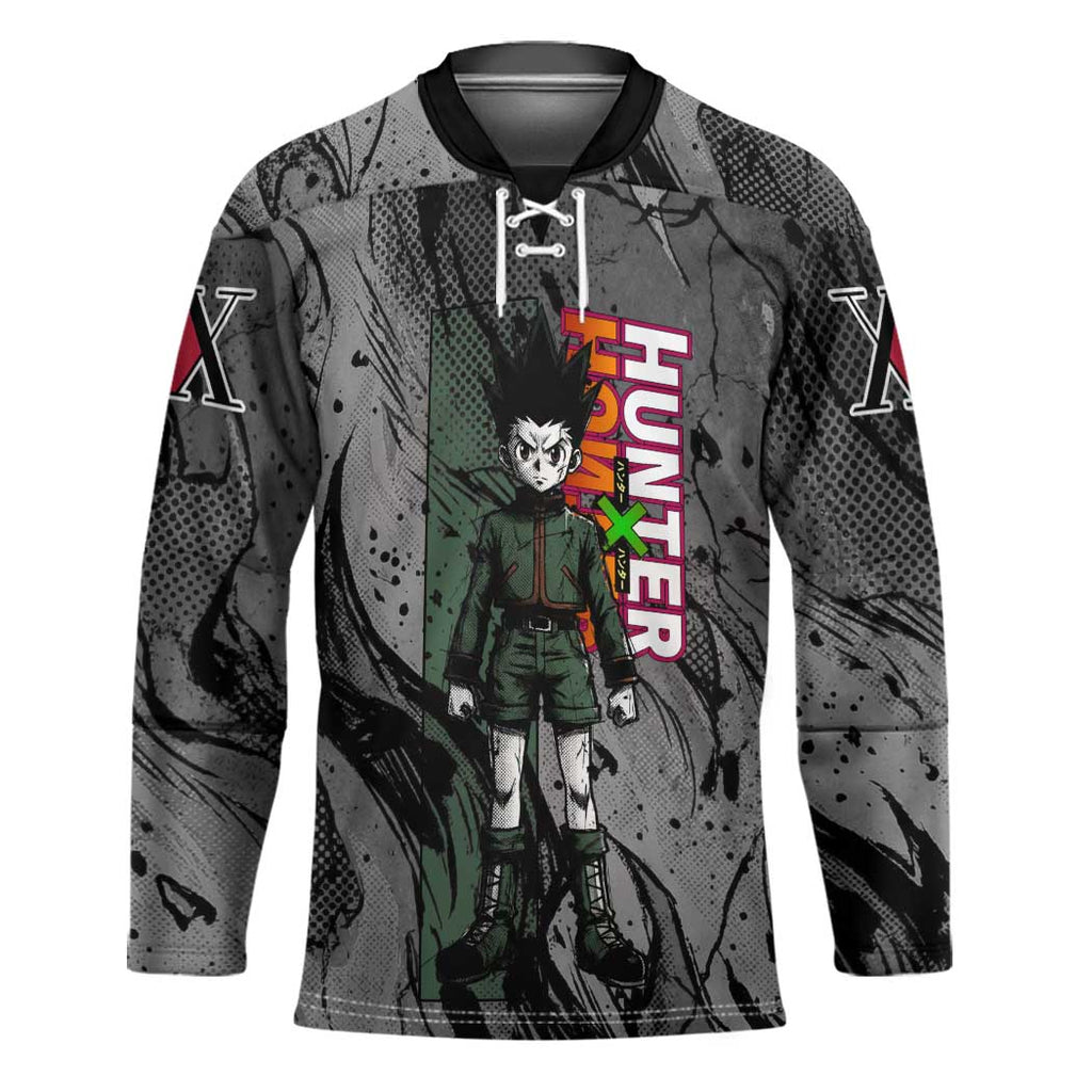 Gon Freecss Hunter x Hunter Dark Grunge Design Hockey Jersey with Transformation Artwork and Anime Graphic Elements - The Mazicc