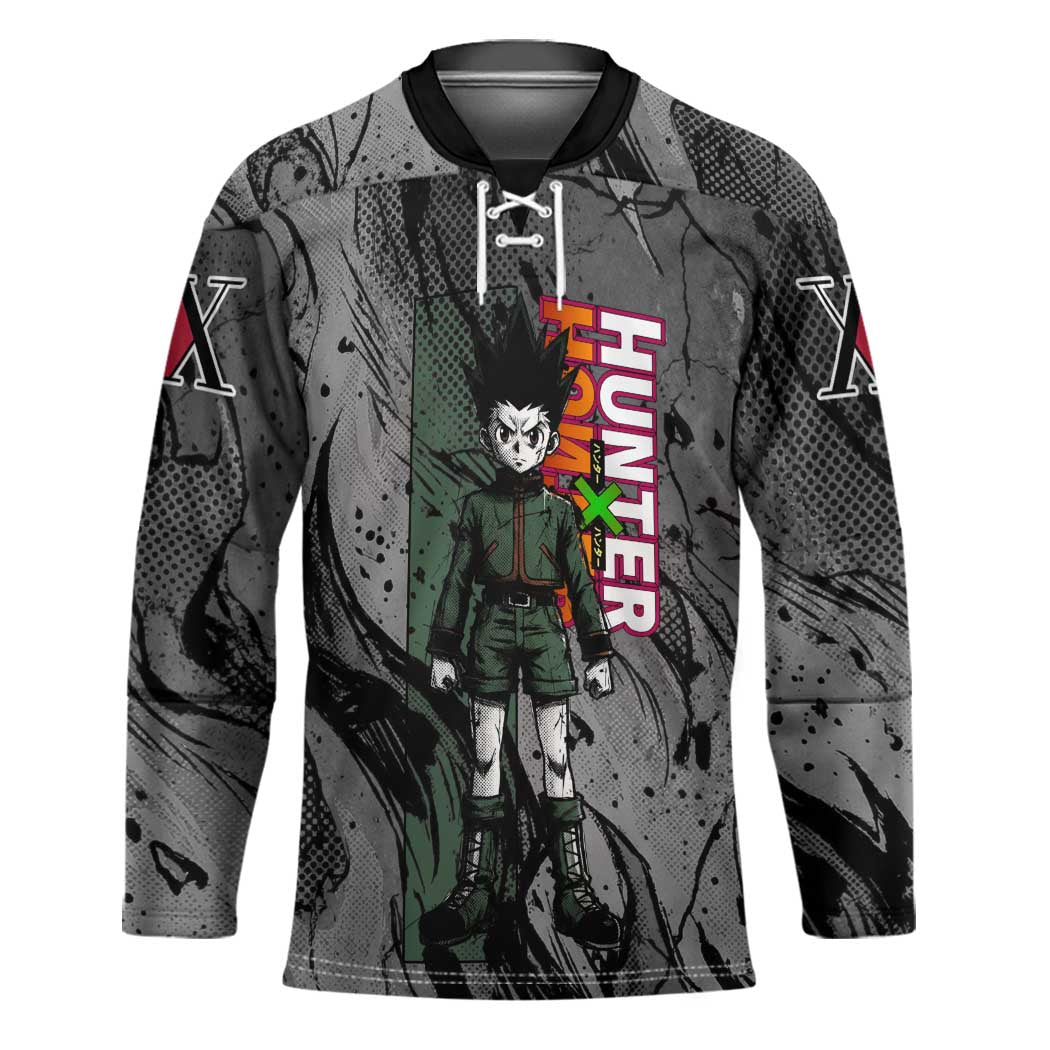 Gon Freecss Hunter x Hunter Dark Grunge Design Hockey Jersey with Transformation Artwork and Anime Graphic Elements - The Mazicc