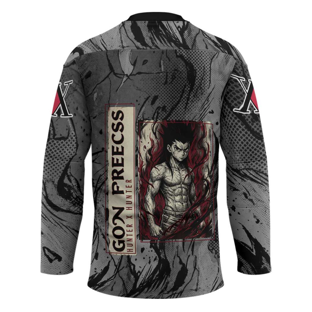 Gon Freecss Hunter x Hunter Dark Grunge Design Hockey Jersey with Transformation Artwork and Anime Graphic Elements - The Mazicc