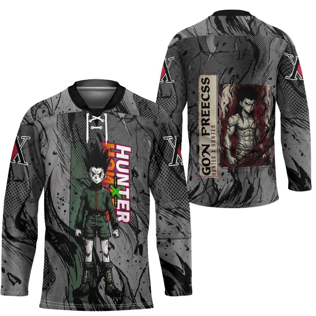 Gon Freecss Hunter x Hunter Dark Grunge Design Hockey Jersey with Transformation Artwork and Anime Graphic Elements - The Mazicc