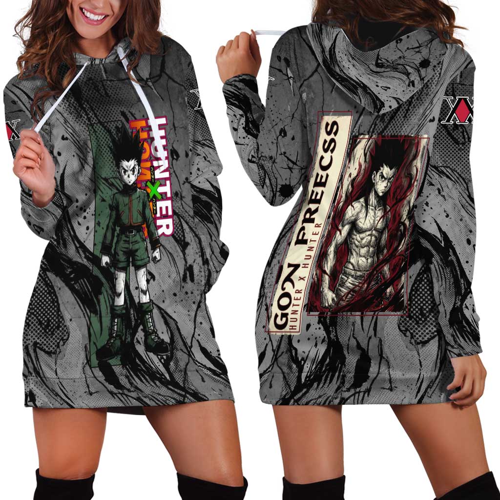 Gon Freecss Hunter x Hunter Dark Grunge Design Hoodie Dress with Transformation Artwork and Anime Graphic Elements - The Mazicc