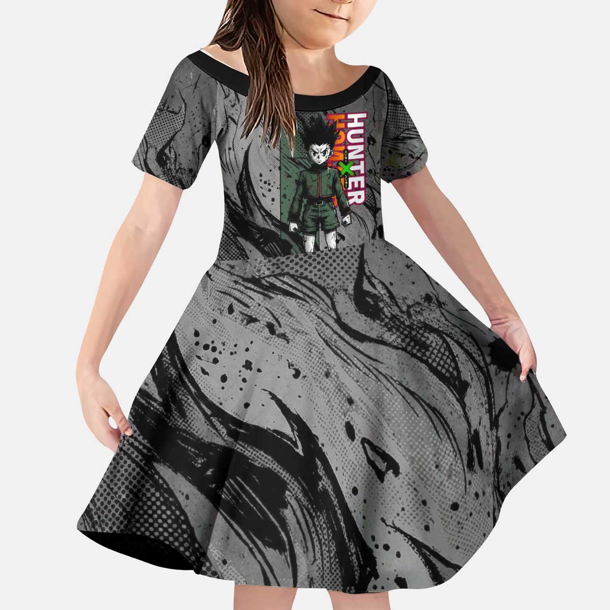 Gon Freecss Hunter x Hunter Dark Grunge Design Kid Short Sleeve Dress with Transformation Artwork and Anime Graphic Elements - The Mazicc