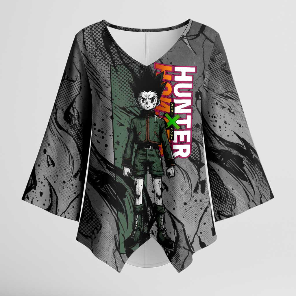 Gon Freecss Hunter x Hunter Dark Grunge Design Kimono Sleeve Blouse with Transformation Artwork and Anime Graphic Elements - The Mazicc