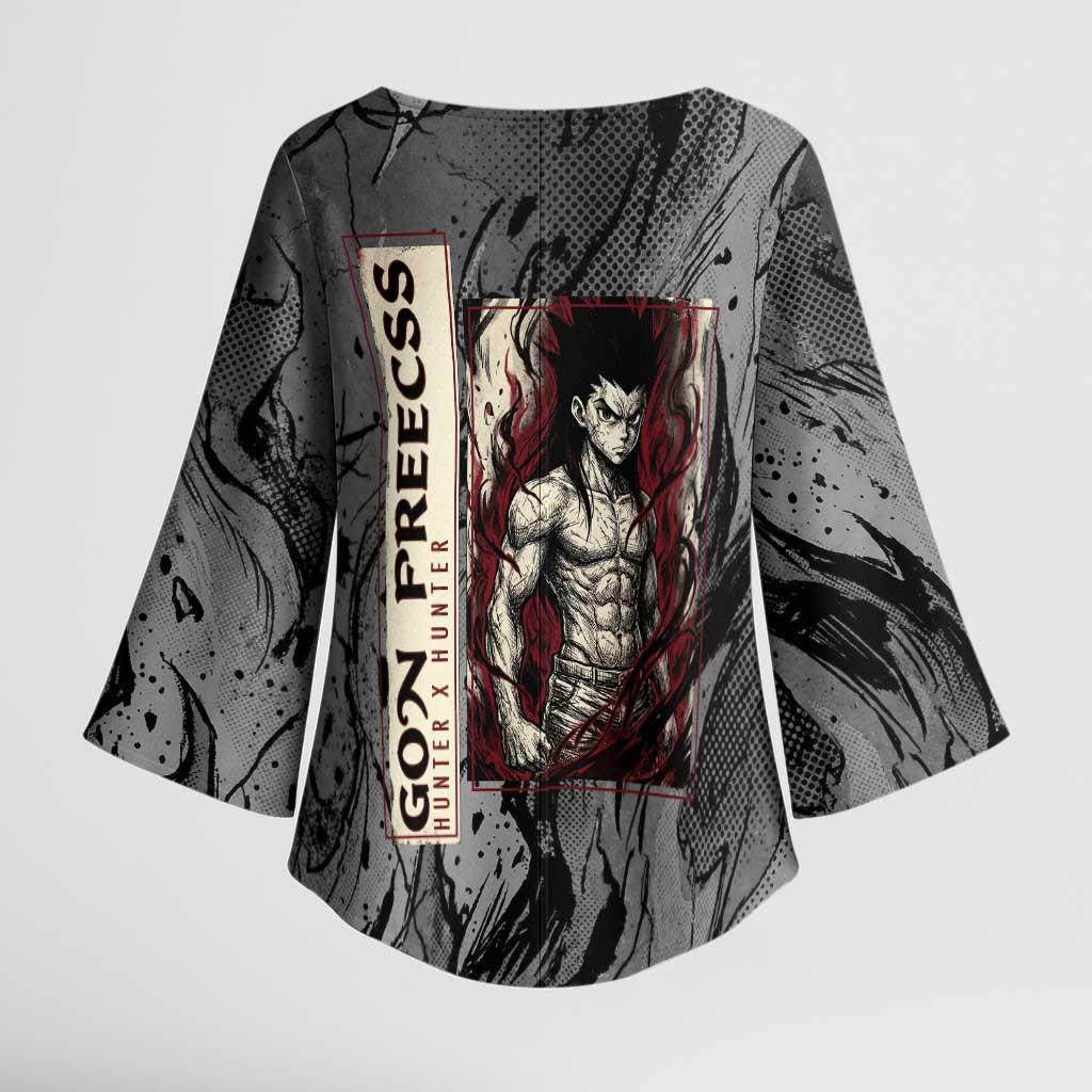 Gon Freecss Hunter x Hunter Dark Grunge Design Kimono Sleeve Blouse with Transformation Artwork and Anime Graphic Elements - The Mazicc