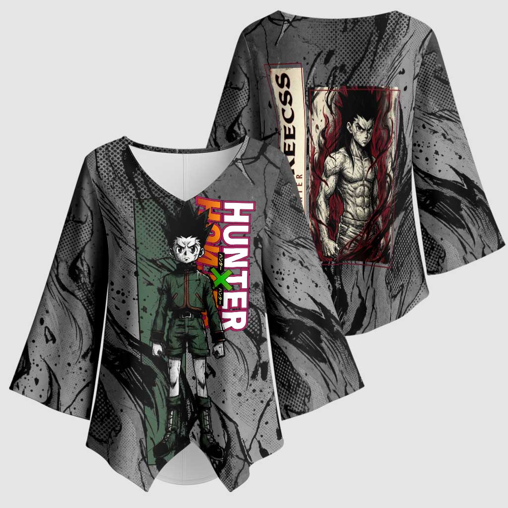 Gon Freecss Hunter x Hunter Dark Grunge Design Kimono Sleeve Blouse with Transformation Artwork and Anime Graphic Elements - The Mazicc