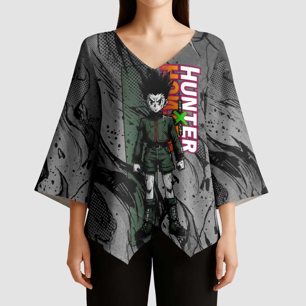 Gon Freecss Hunter x Hunter Dark Grunge Design Kimono Sleeve Blouse with Transformation Artwork and Anime Graphic Elements - The Mazicc