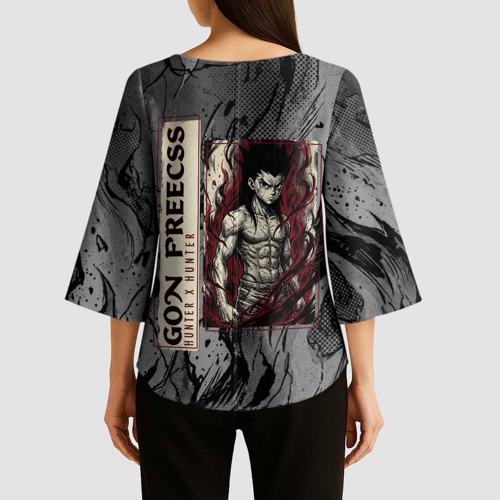 Gon Freecss Hunter x Hunter Dark Grunge Design Kimono Sleeve Blouse with Transformation Artwork and Anime Graphic Elements - The Mazicc