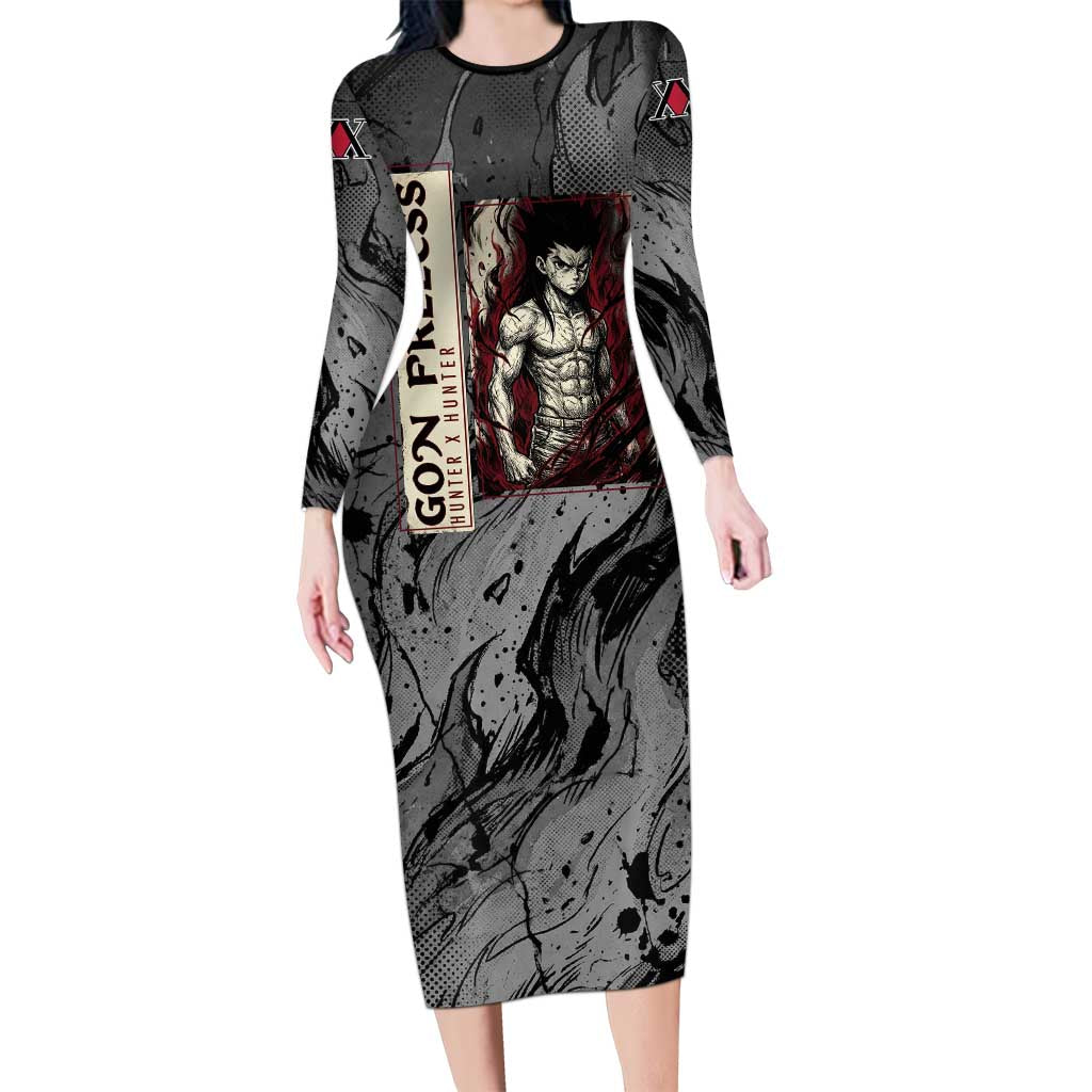 Gon Freecss Hunter x Hunter Dark Grunge Design Long Sleeve Bodycon Dress with Transformation Artwork and Anime Graphic Elements - The Mazicc