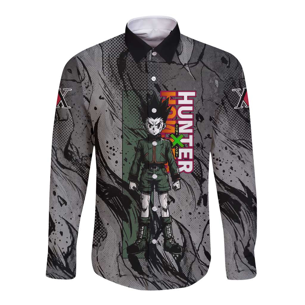 Gon Freecss Hunter x Hunter Dark Grunge Design Long Sleeve Button Shirt with Transformation Artwork and Anime Graphic Elements - The Mazicc