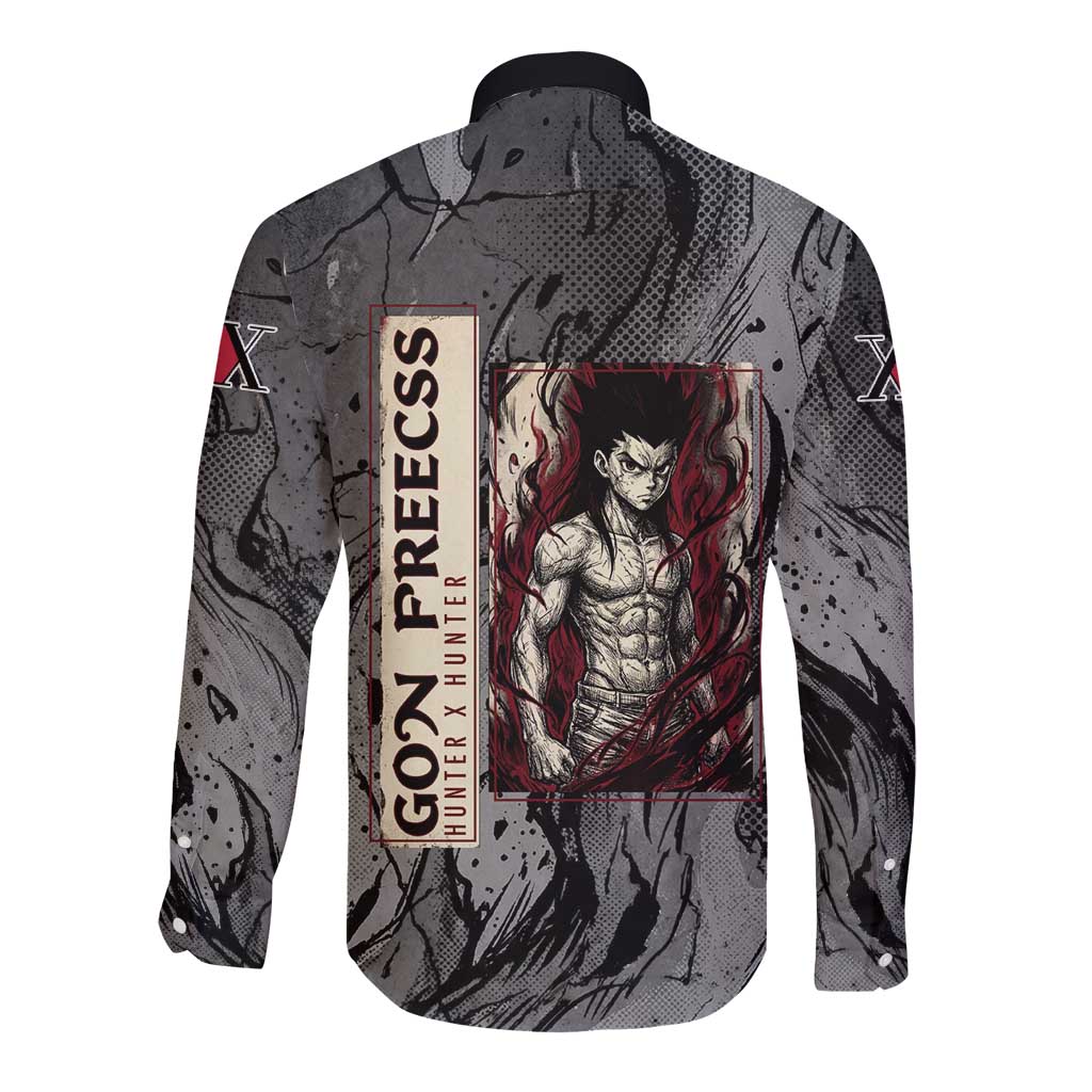 Gon Freecss Hunter x Hunter Dark Grunge Design Long Sleeve Button Shirt with Transformation Artwork and Anime Graphic Elements - The Mazicc