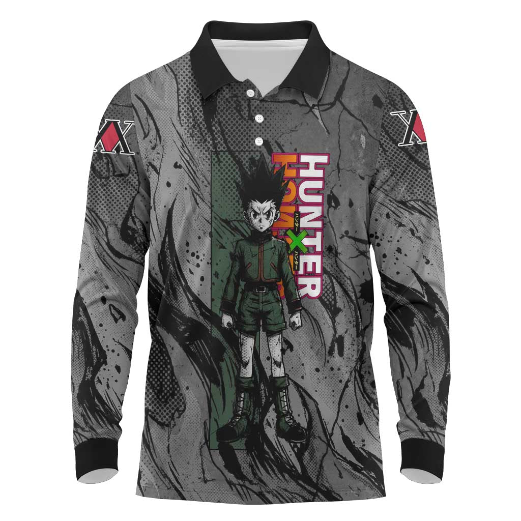 Gon Freecss Hunter x Hunter Dark Grunge Design Long Sleeve Polo Shirt with Transformation Artwork and Anime Graphic Elements - The Mazicc