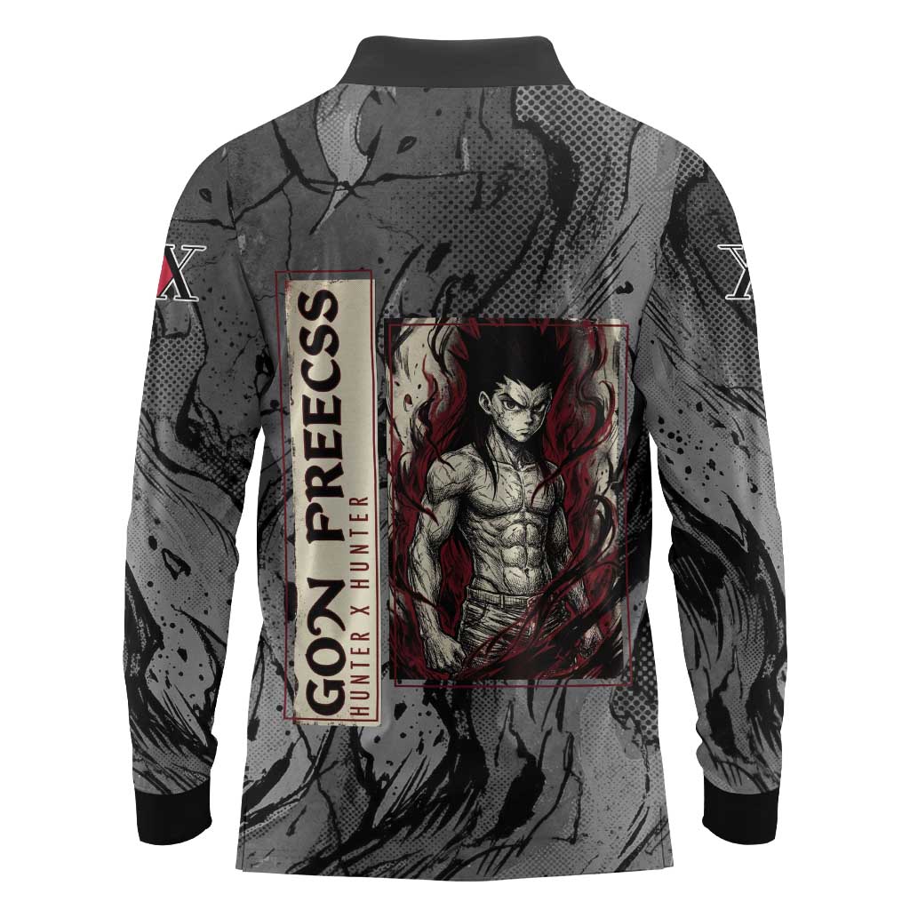 Gon Freecss Hunter x Hunter Dark Grunge Design Long Sleeve Polo Shirt with Transformation Artwork and Anime Graphic Elements - The Mazicc