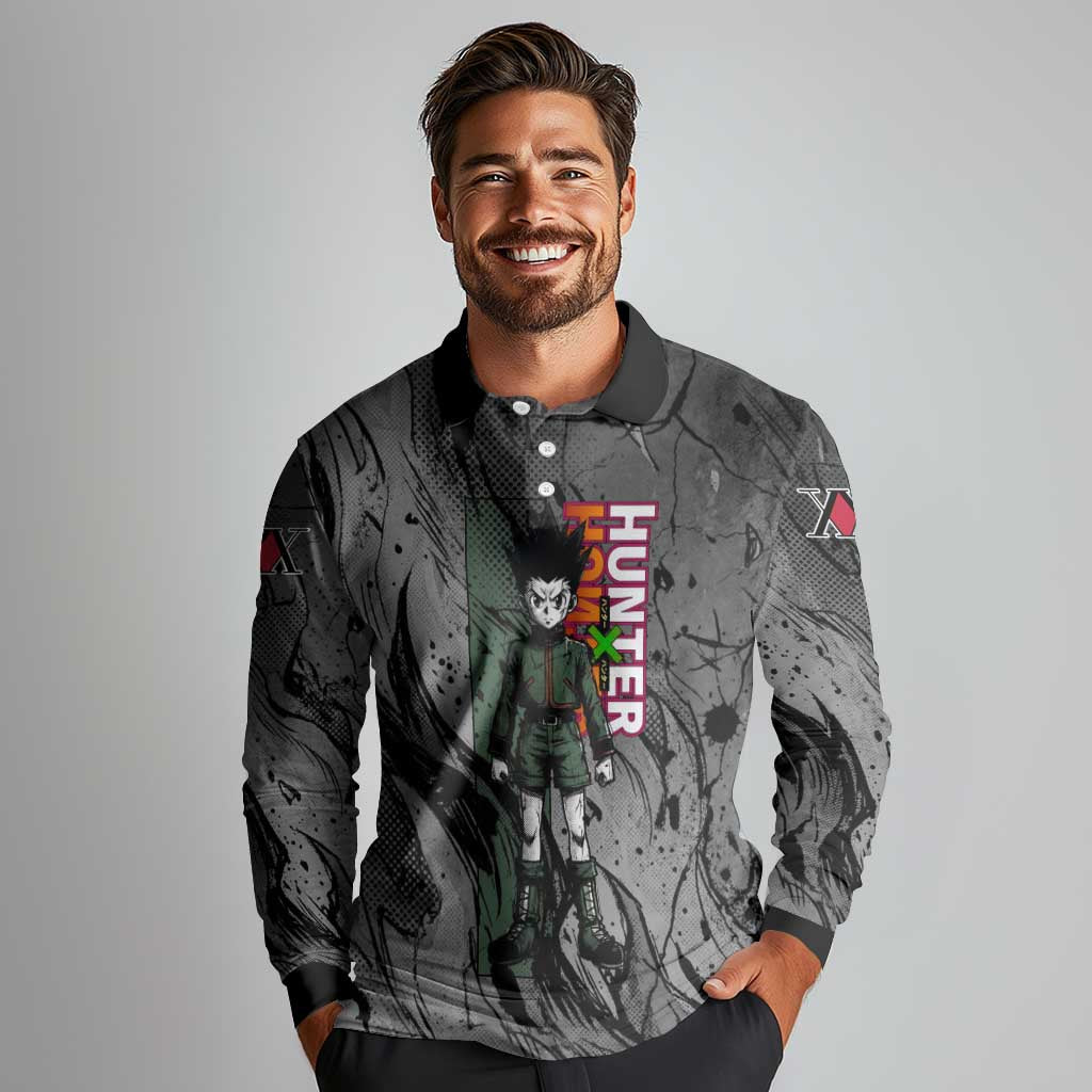 Gon Freecss Hunter x Hunter Dark Grunge Design Long Sleeve Polo Shirt with Transformation Artwork and Anime Graphic Elements - The Mazicc
